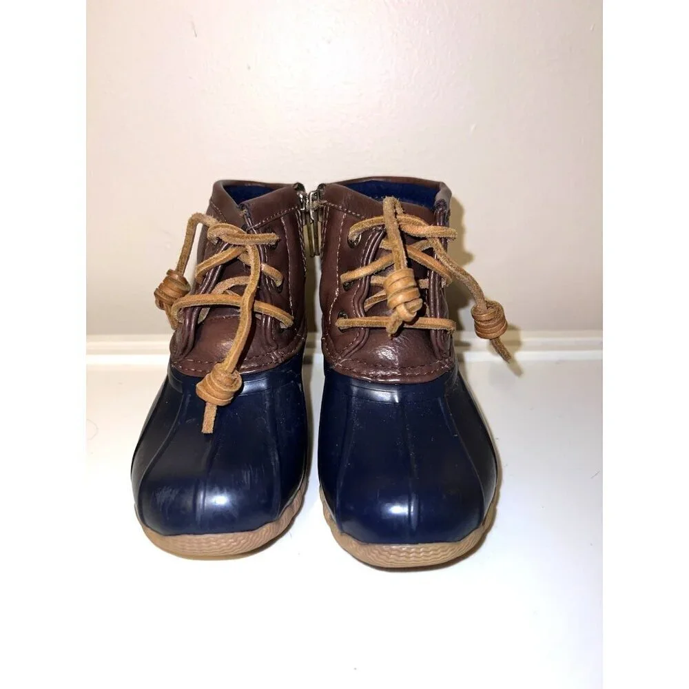 Sperry Saltwater Baby Duck Navy and Brown Lace Zipper Boots Sz 6 Months